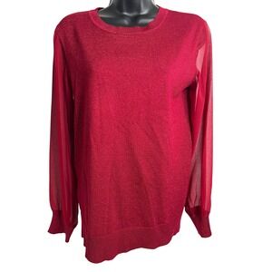 DKNY XS Red Metallic Knit Top Sheer Sleeve Sparkle Party Blouse‎